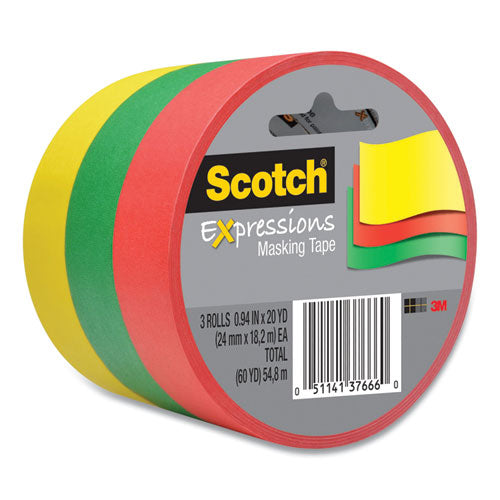 Expressions Masking Tape, 3" Core, 0.94" x 20 yds, Red, Green, Yellow, 3 Rolls/Pack-(MMM34373PRM)