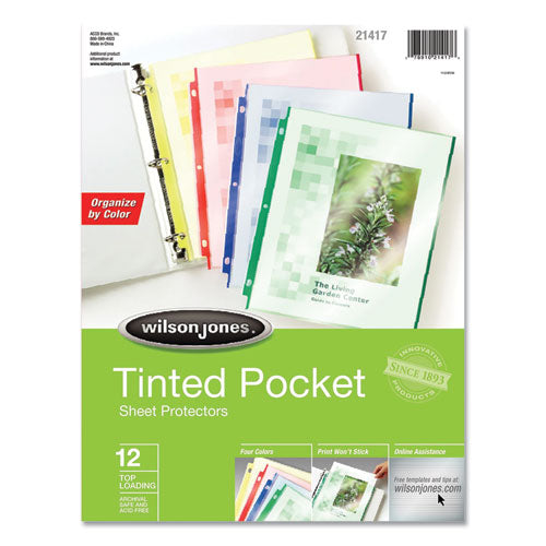 Tinted Pocket Sheet Protectors, 3 Hole Punched, Top Loading, Letter, Assorted Colors, 12/Pack-(WLJW21417)