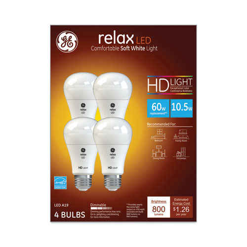 LED Relax LED Light Bulb, A19 Bulb, Dimmable, 10.5 W, Daylight, 4/Pack-(GEL42977)