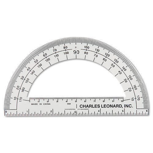 Open Center Protractor, Plastic, 6" Ruler Edge, Clear, Dozen-(LEO77106)