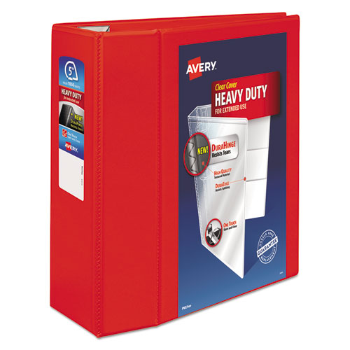 Heavy-Duty View Binder with DuraHinge and Locking One Touch EZD Rings, 3 Rings, 5" Capacity, 11 x 8.5, Red-(AVE79327)