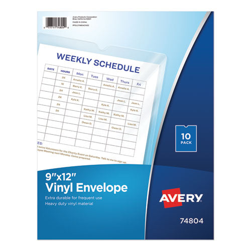 Top-Load Clear Vinyl Envelopes w/Thumb Notch, 9” x 12”, Clear, 10/Pack-(AVE74804)